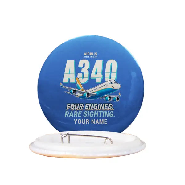 Airbus A340-200 - Cartoon + Name - Pin - Blue
