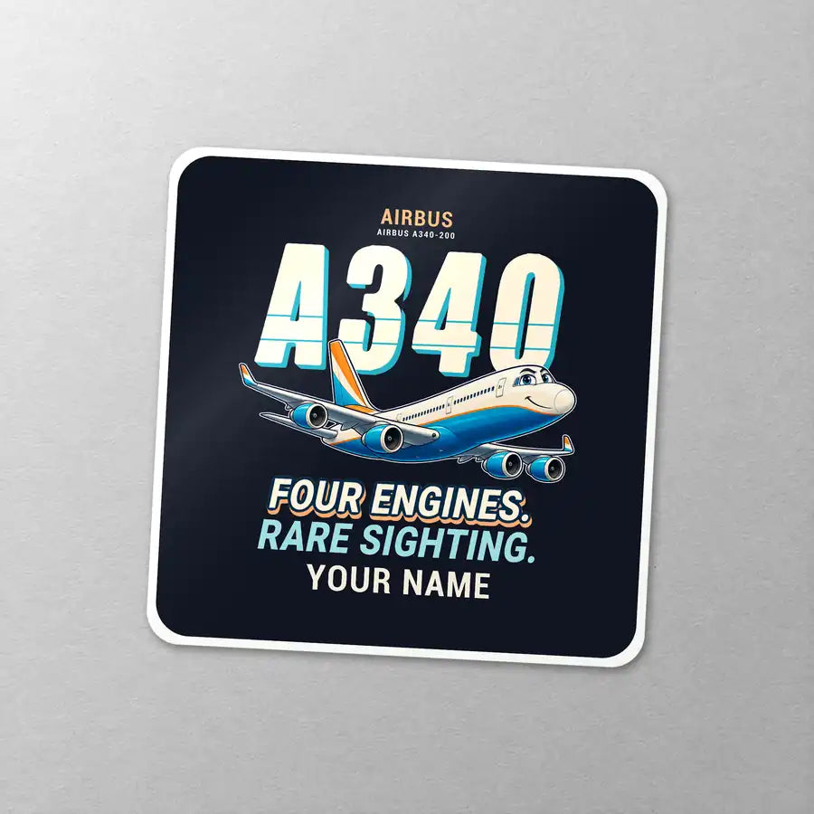 Airbus A340-200 - Cartoon + Name - Square Sticker - Close-up