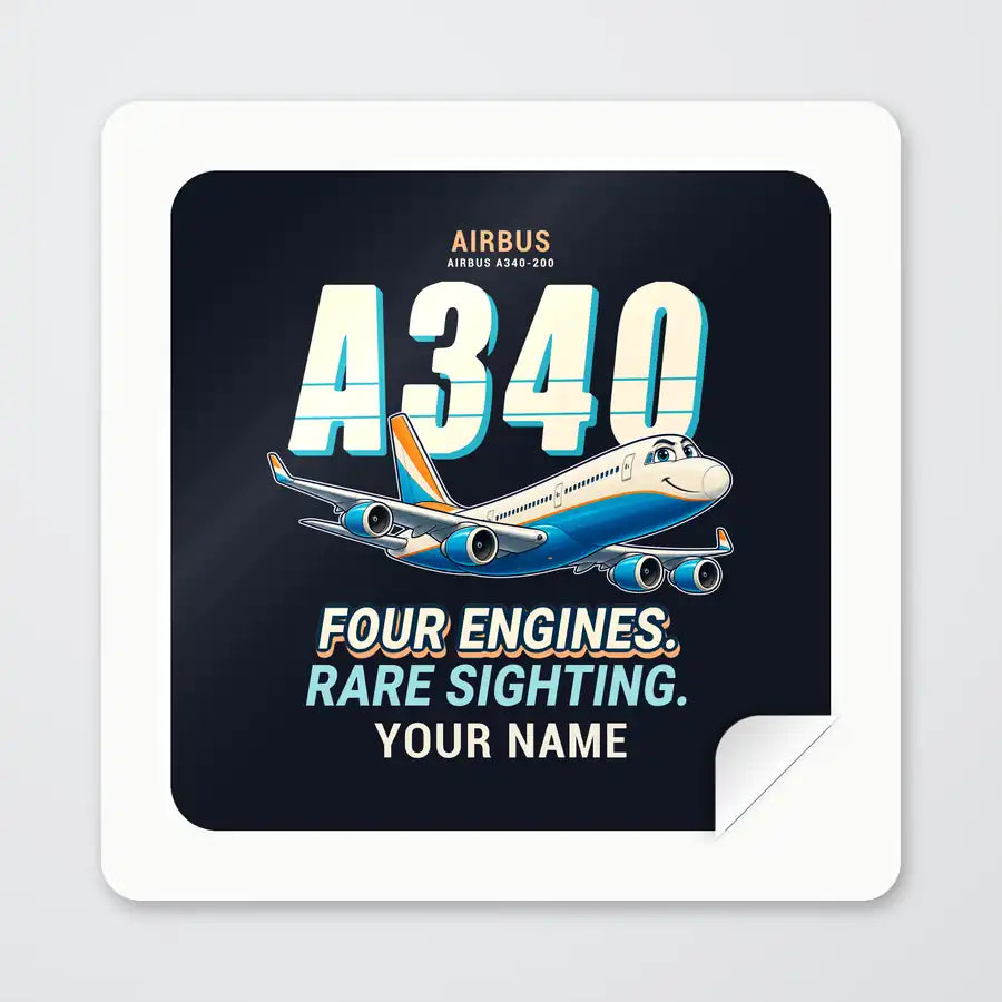 Airbus A340-200 - Cartoon + Name - Square Sticker - Peel