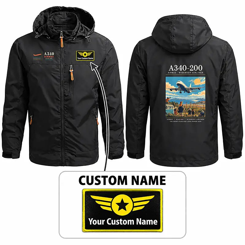 Airbus A340-200 Stylish Jackets - Hooded Windbreaker - Poster + Name - Black