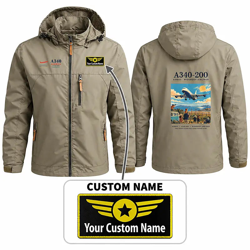 Airbus A340-200 Stylish Jackets - Hooded Windbreaker - Poster + Name - Khaki