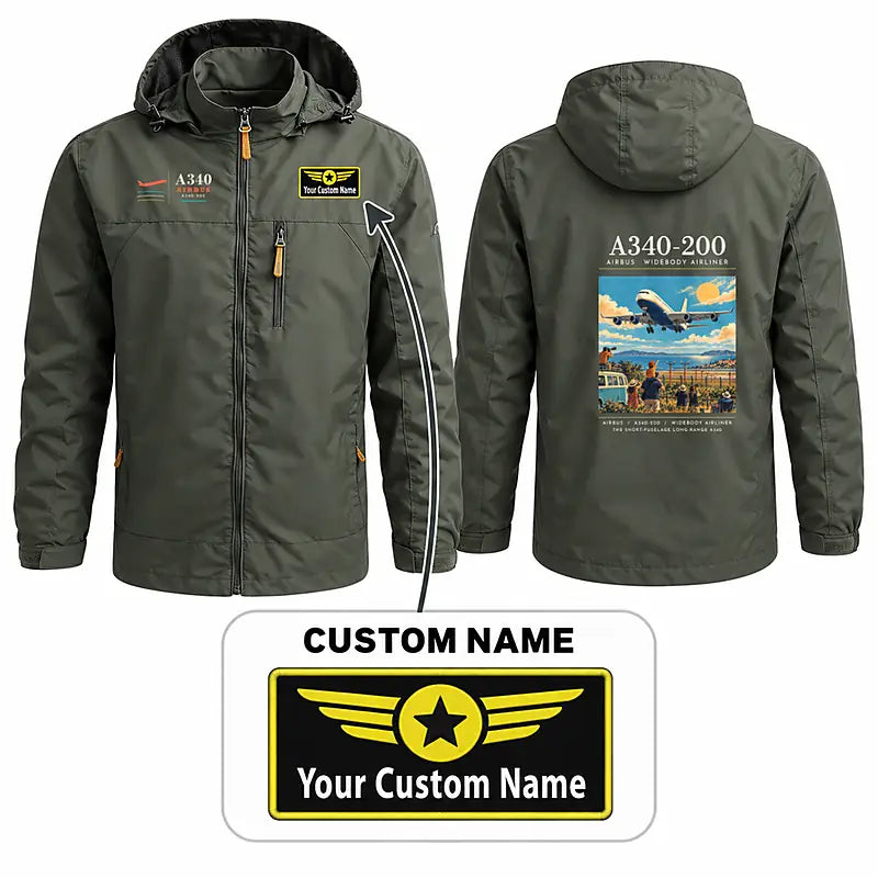Airbus A340-200 Stylish Jackets - Hooded Windbreaker - Poster + Name - Olive Green