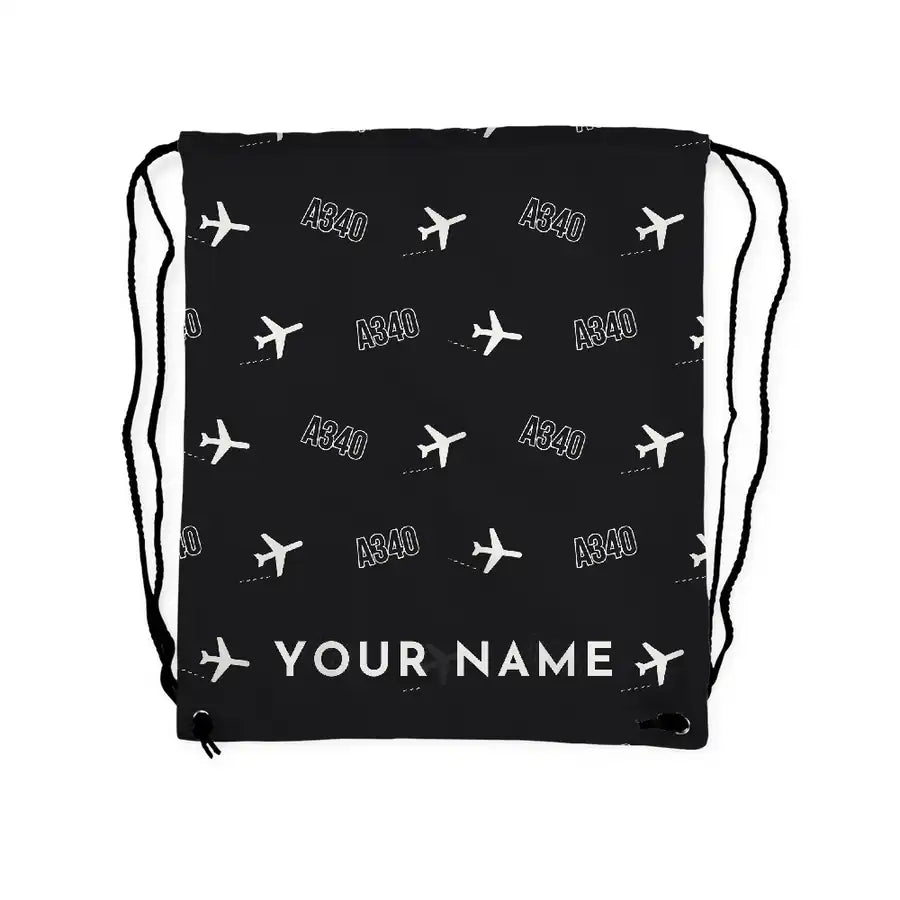 Airbus A340-300 - Drawstring Bag - 3D Pattern + Name - Black