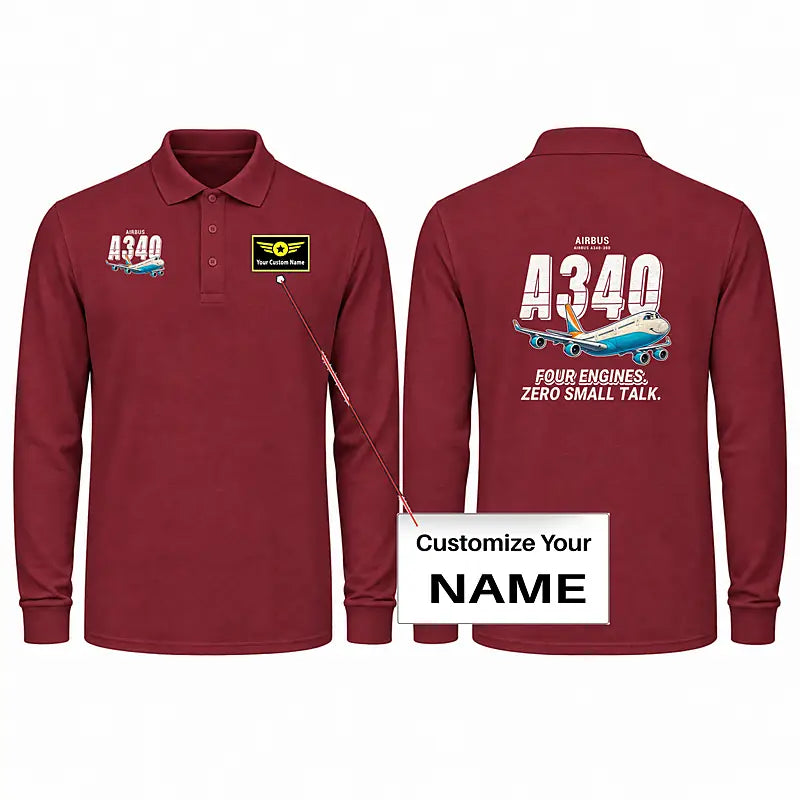 Airbus A340-300 Premium Polo T-Shirts - Cartoon + Name - Long Sleeve - Dark Red