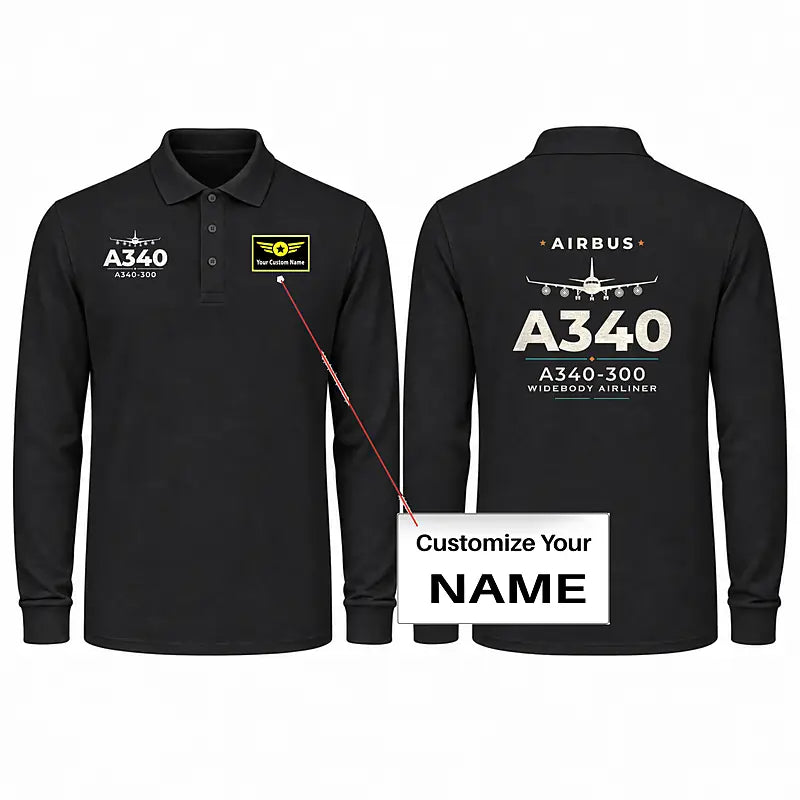 Airbus A340-300 Premium Polo T-Shirts - Heritage + Name - Long Sleeve - Black