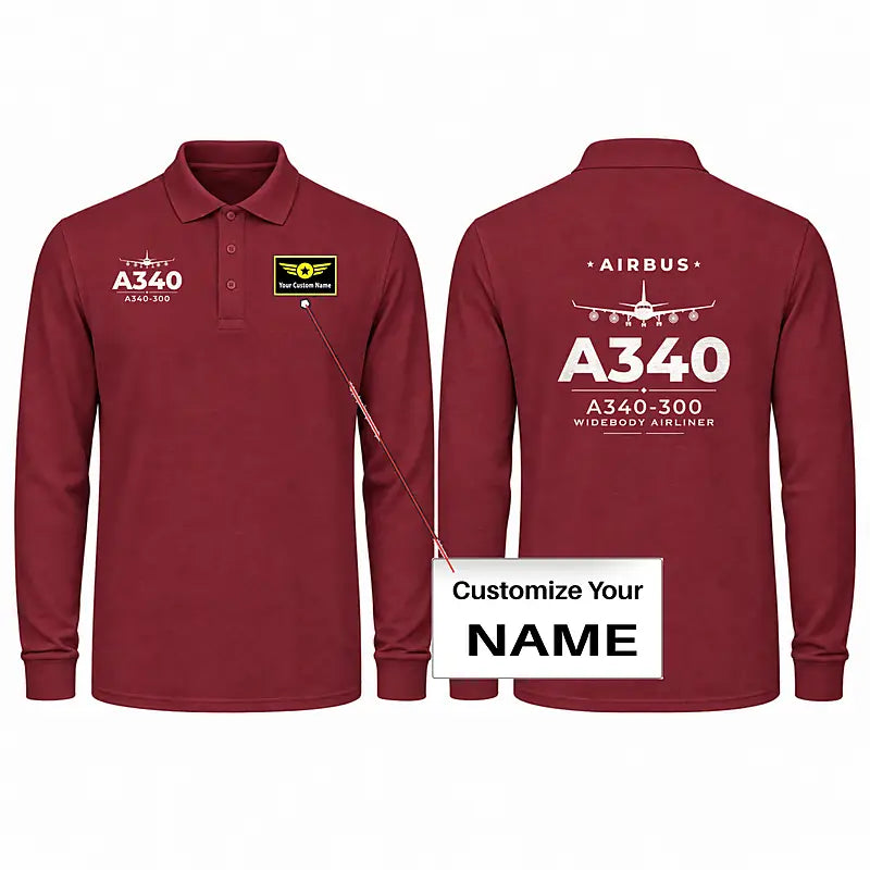 Airbus A340-300 Premium Polo T-Shirts - Heritage + Name - Long Sleeve - Dark Red