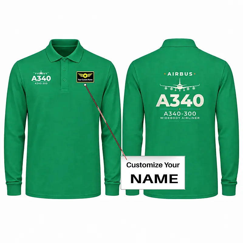 Airbus A340-300 Premium Polo T-Shirts - Heritage + Name - Long Sleeve - Green