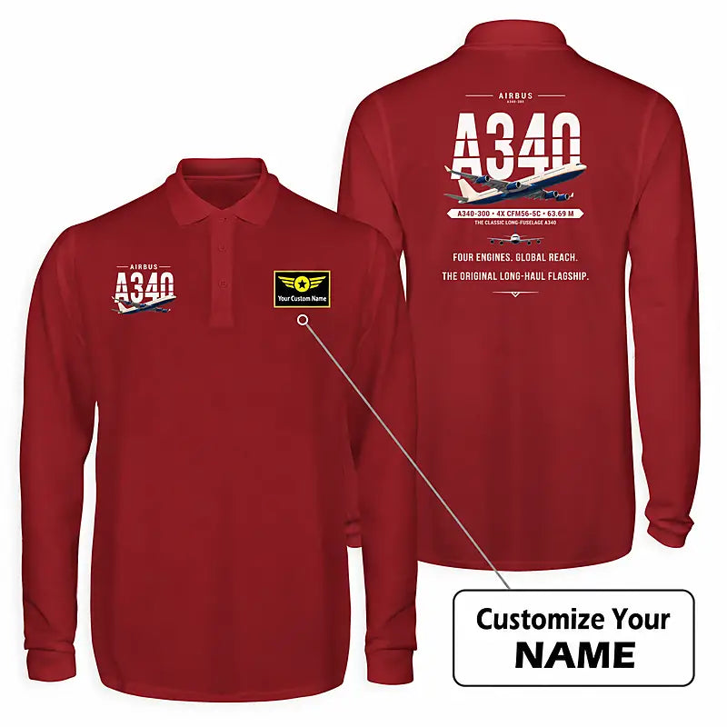 Airbus A340-300 Premium Polo T-Shirts - Original + Name - Long Sleeve - Dark Red