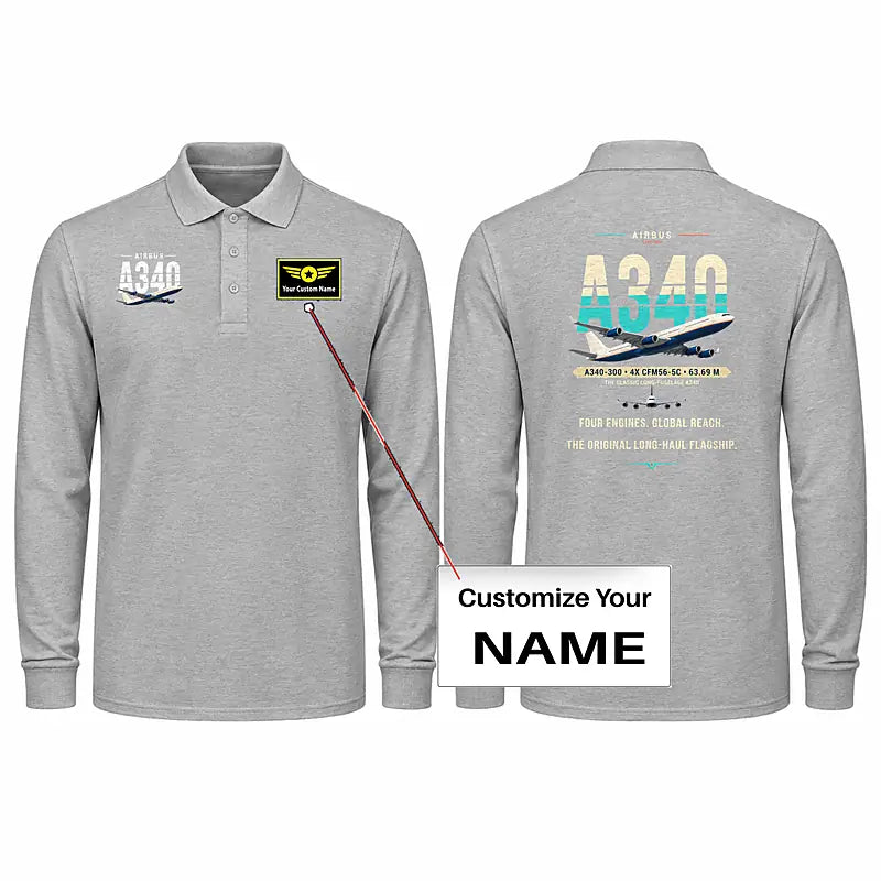 Airbus A340-300 Premium Polo T-Shirts - Original + Name - Long Sleeve - Gray