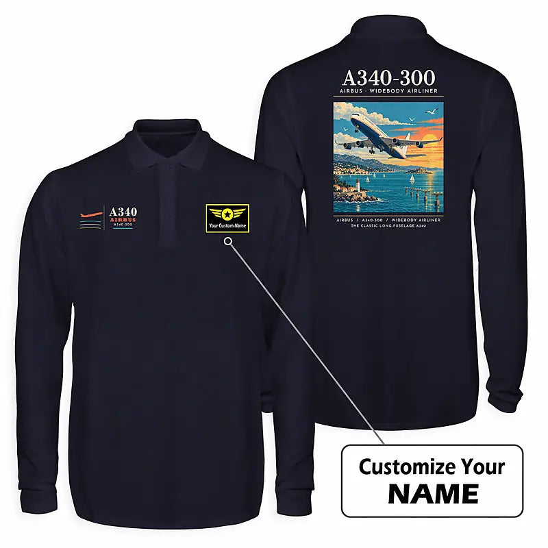 Airbus A340-300 Premium Polo T-Shirts - Poster + Name - Long Sleeve - Dark Blue