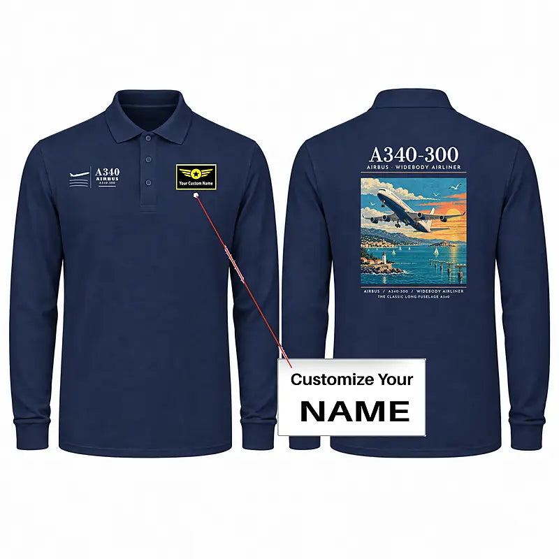 Airbus A340-300 Premium Polo T-Shirts - Poster + Name - Long Sleeve - Dark Blue