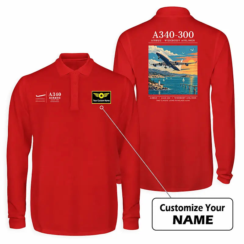 Airbus A340-300 Premium Polo T-Shirts - Poster + Name - Long Sleeve - Red