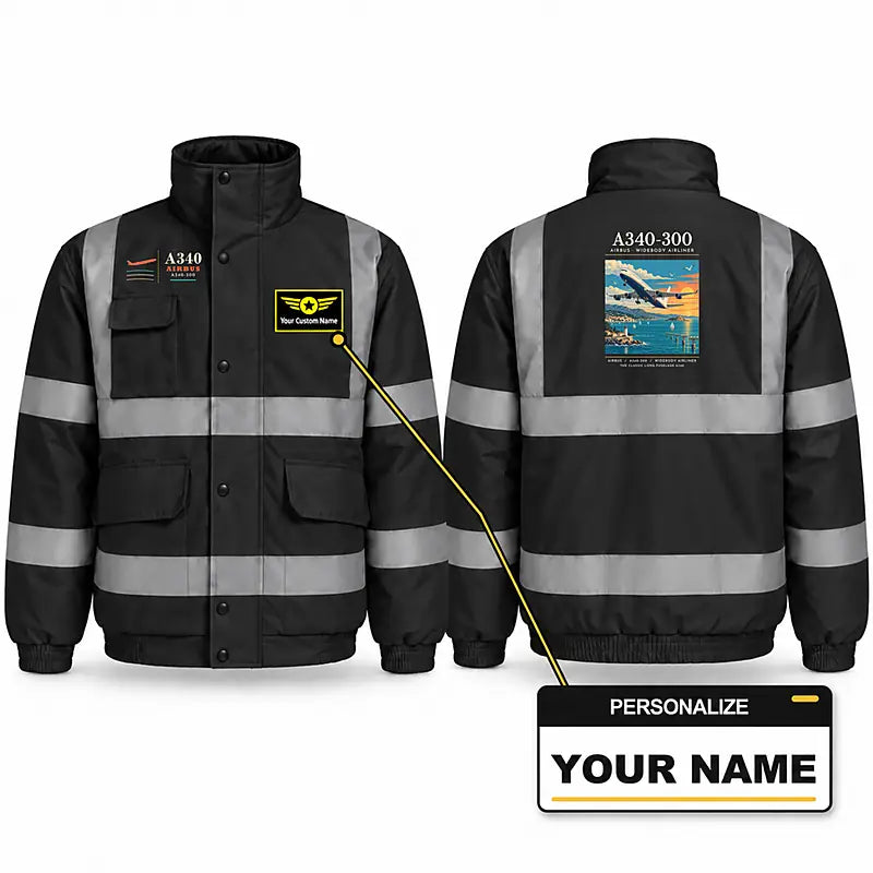 Airbus A340-300 Reflective Winter Jackets - Poster + Name - Black