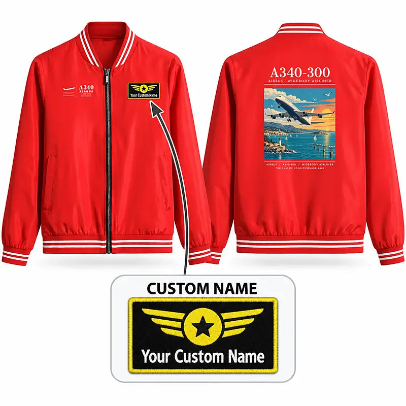 Airbus A340-300 Stylish Jackets - Baseball Collar - Poster + Name - Red