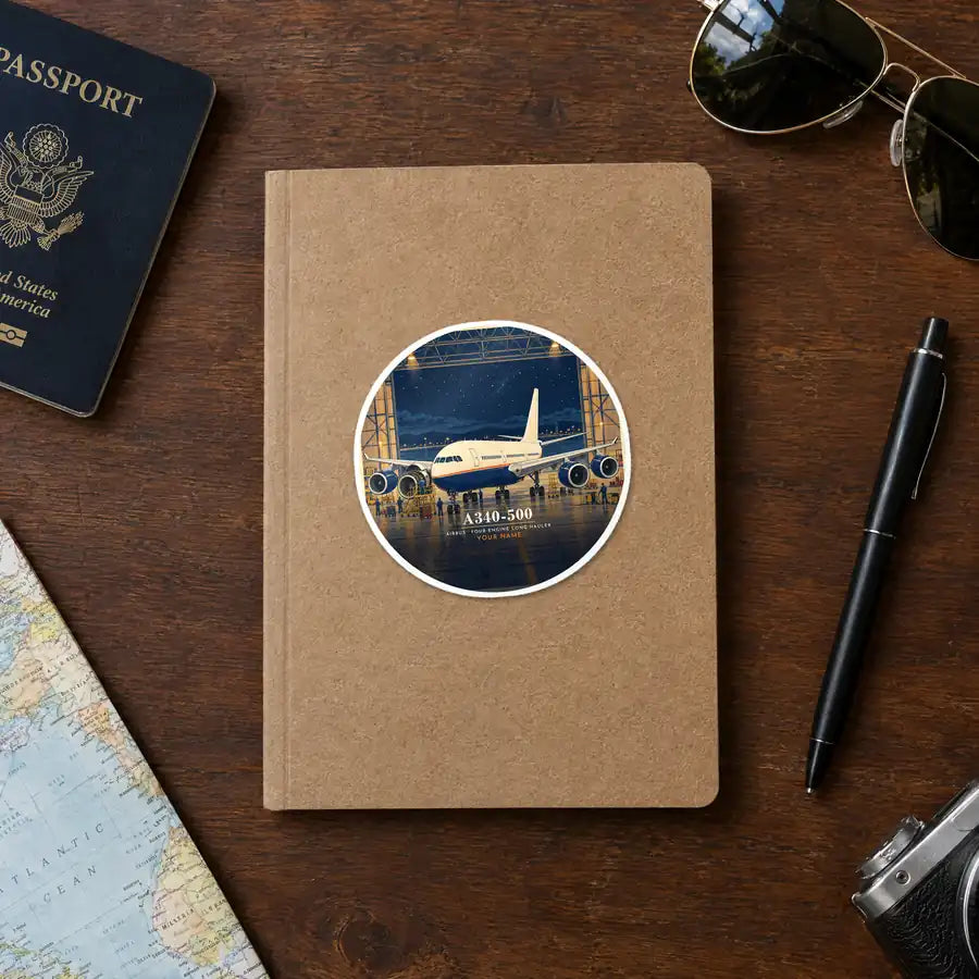 Airbus A340-500 - 3D + Name - Circle Sticker - Notebook