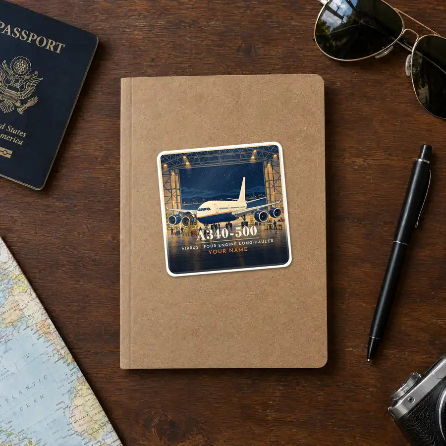 Airbus A340-500 - 3D + Name - Square Sticker - Notebook