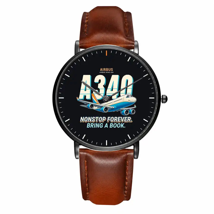 Airbus A340-500 - Cartoon - Slim Leather - Black and Brown Leather Strap