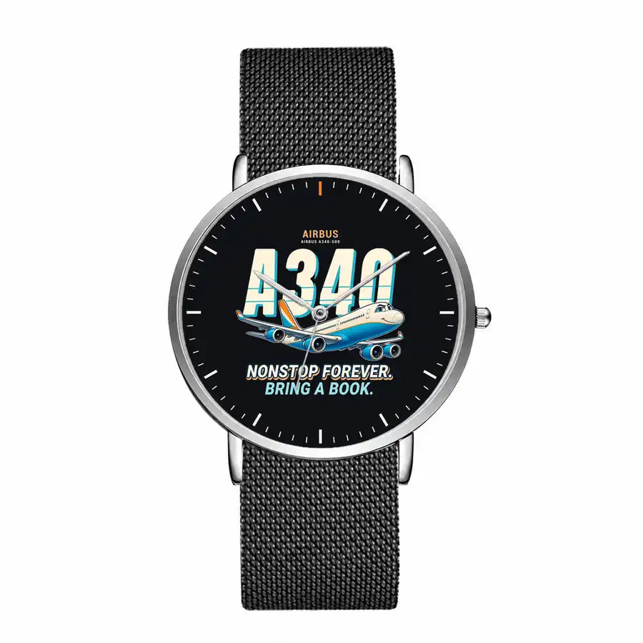 Airbus A340-500 - Cartoon - Slim Mesh - Silver and Black Stainless Steel Strap