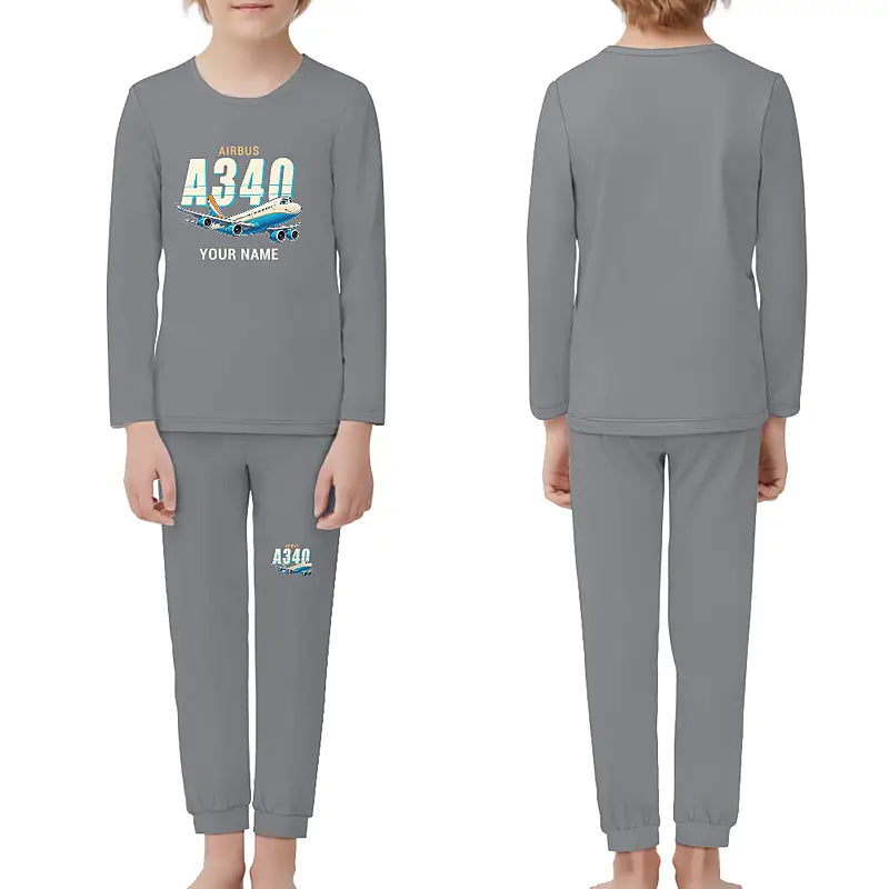 Airbus A340-500 - Children Pajamas - Cartoon Chest + Name - Gray