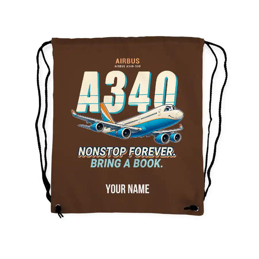 Airbus A340-500 - Drawstring Bag - Cartoon + Name - Brown