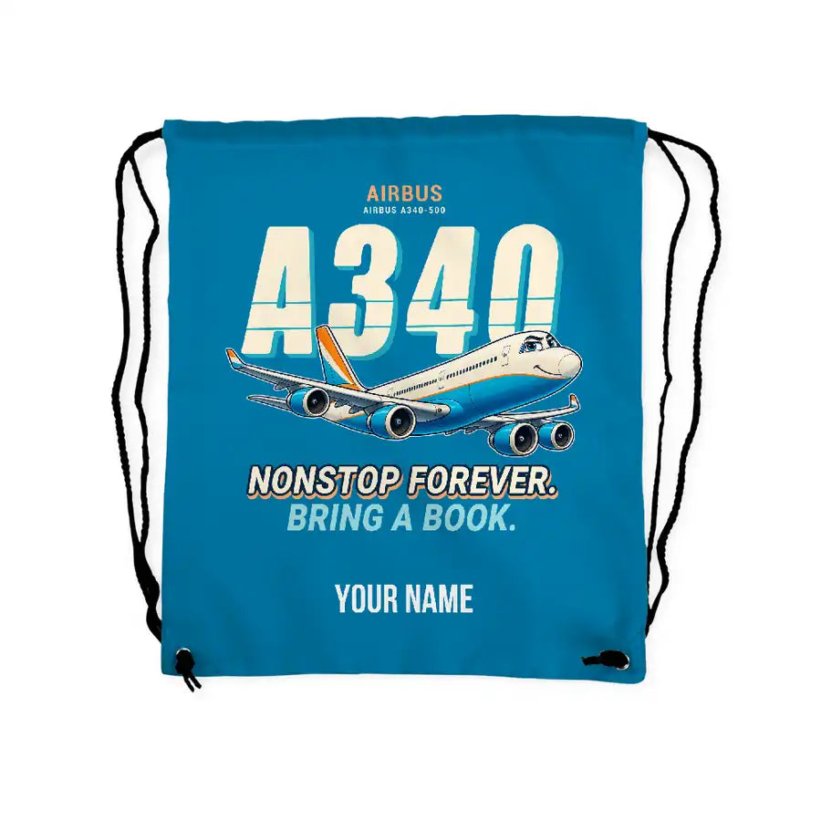 Airbus A340-500 - Drawstring Bag - Cartoon + Name - Light Blue