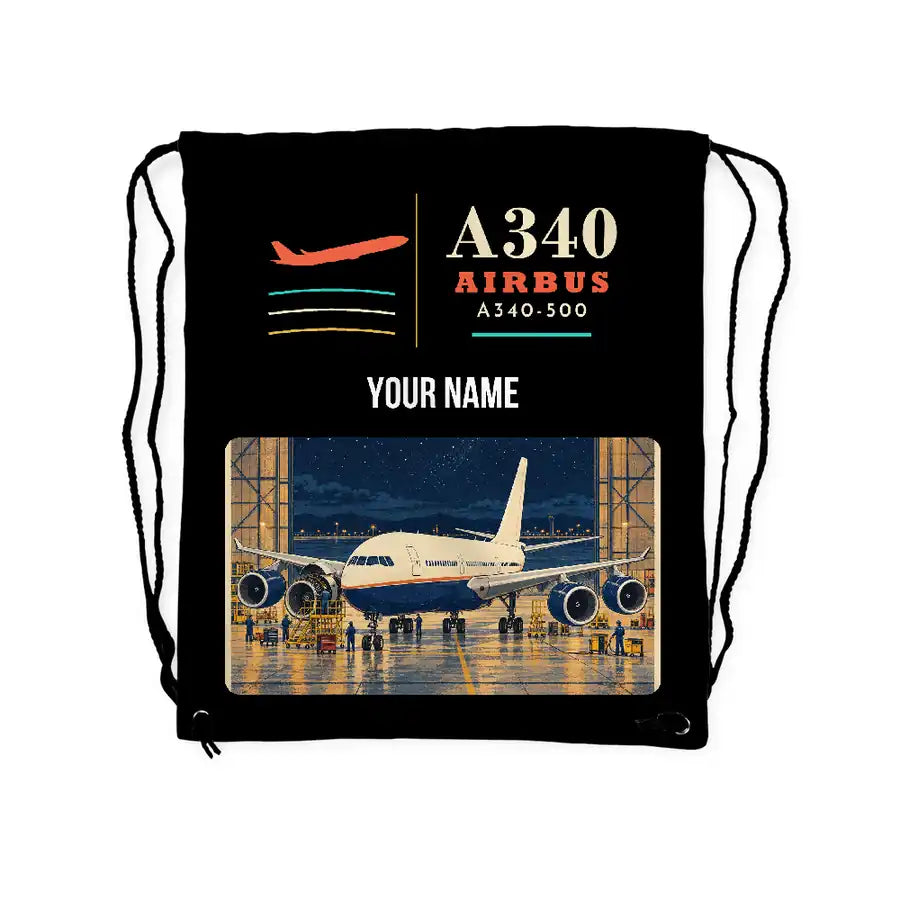 Airbus A340-500 - Drawstring Bag - Classic + Name - Black