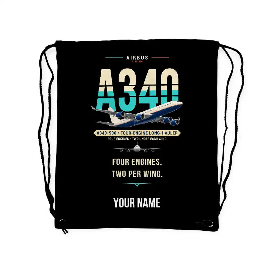 Airbus A340-500 - Drawstring Bag - Original + Name - Black