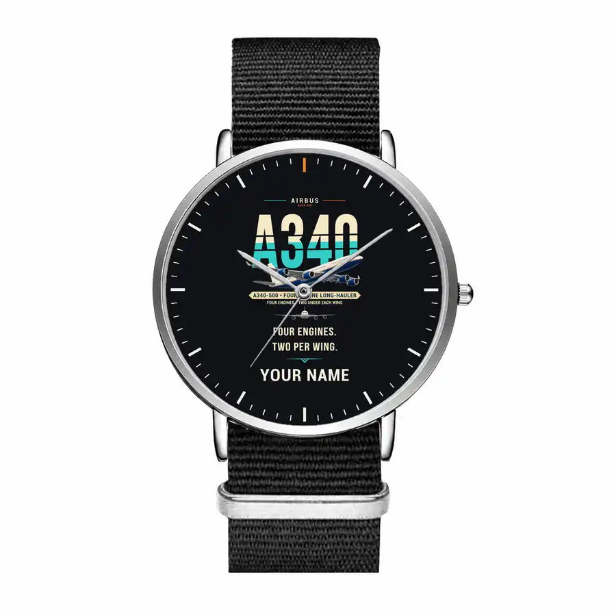 Airbus A340-500 - Original + Name - Slim Leather - Silver and Black Nylon Strap
