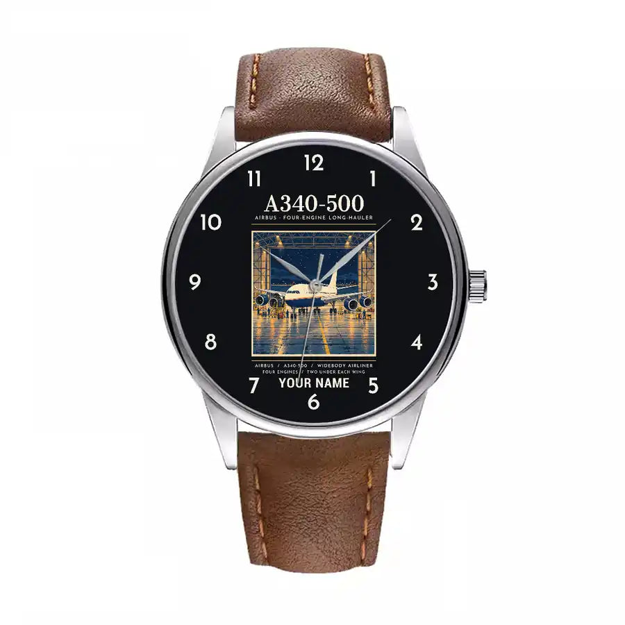 Airbus A340-500 - Poster + Name - Leather Strap - Brown Leather Strap