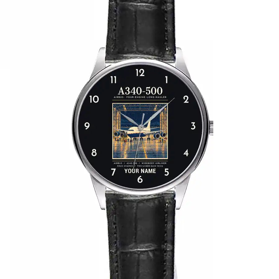 Airbus A340-500 - Poster + Name - Leather Strap - Striped Black Leather Strap