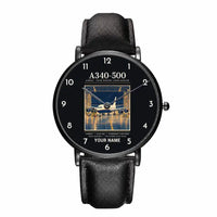 Thumbnail for Airbus A340-500 - Poster + Name - Slim Leather - Black and Black Leather Strap