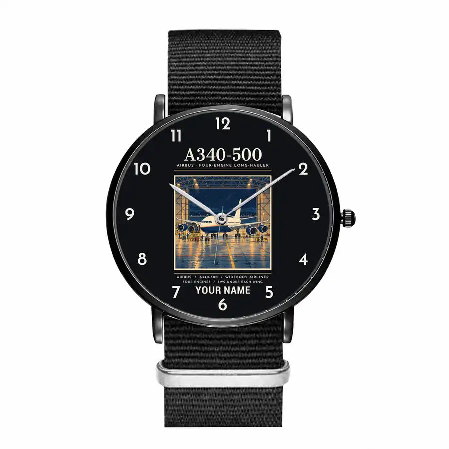 Airbus A340-500 - Poster + Name - Slim Leather - Black and Black Nylon Strap