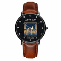 Thumbnail for Airbus A340-500 - Poster + Name - Slim Leather - Black and Brown Leather Strap