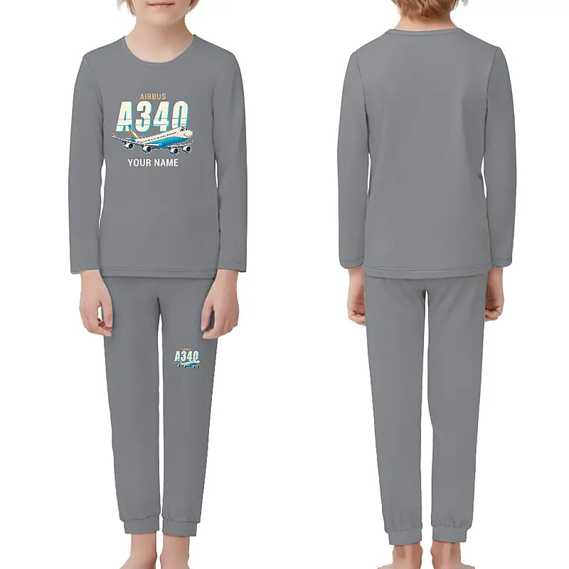 Airbus A340-600 - Children Pajamas - Cartoon Chest + Name - Gray