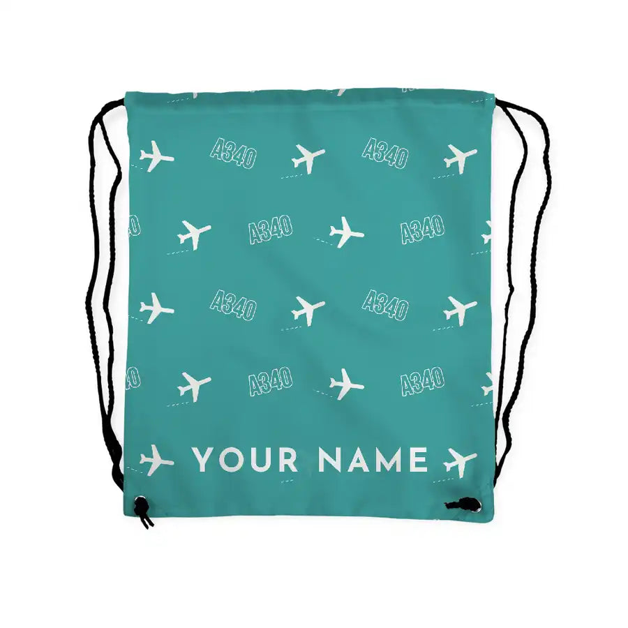 Airbus A340-600 - Drawstring Bag - 3D Pattern + Name - Turquoise