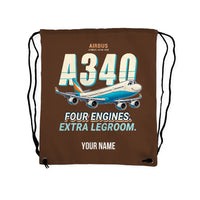 Thumbnail for Airbus A340-600 - Drawstring Bag - Cartoon + Name - Brown