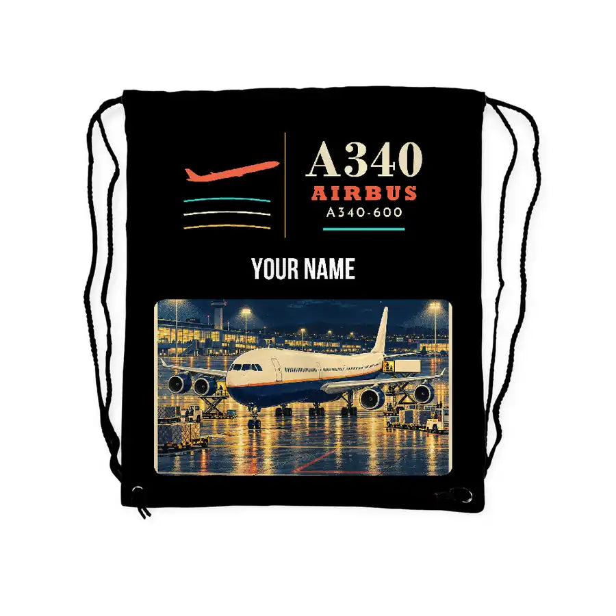 Airbus A340-600 - Drawstring Bag - Classic + Name - Black