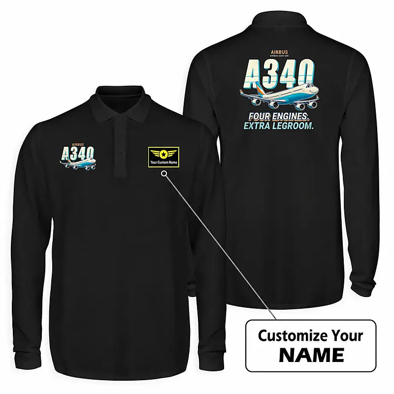 Airbus A340-600 Premium Polo T-Shirts - Cartoon + Name - Long Sleeve - Black