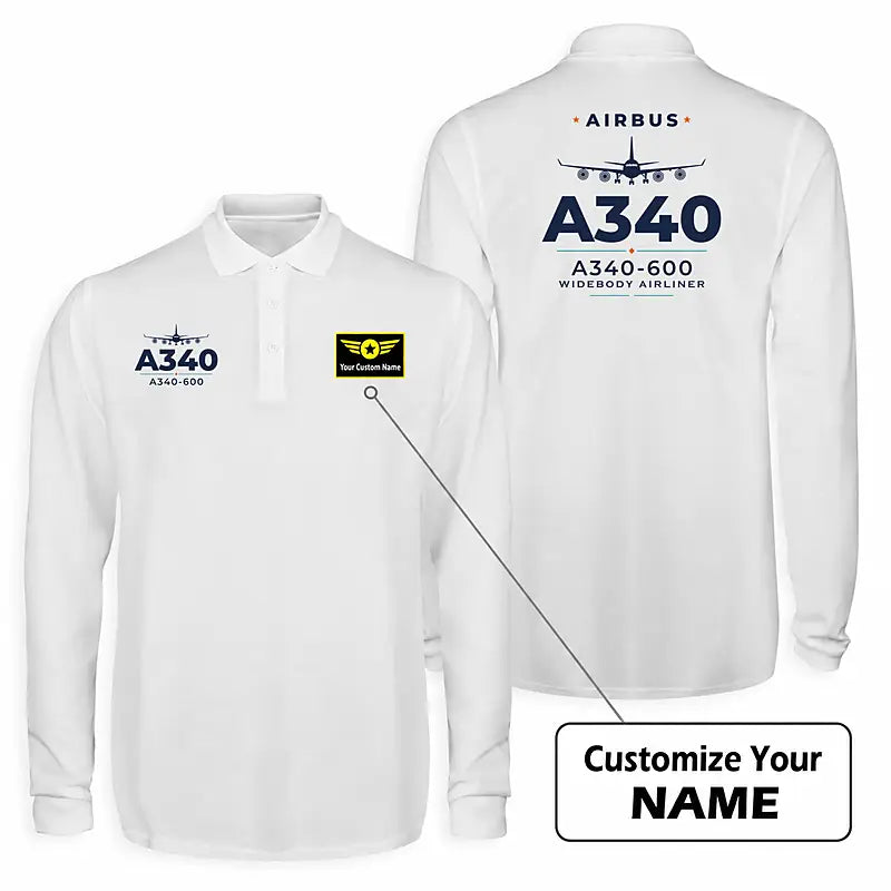 Airbus A340-600 Premium Polo T-Shirts - Heritage + Name - Long Sleeve - White