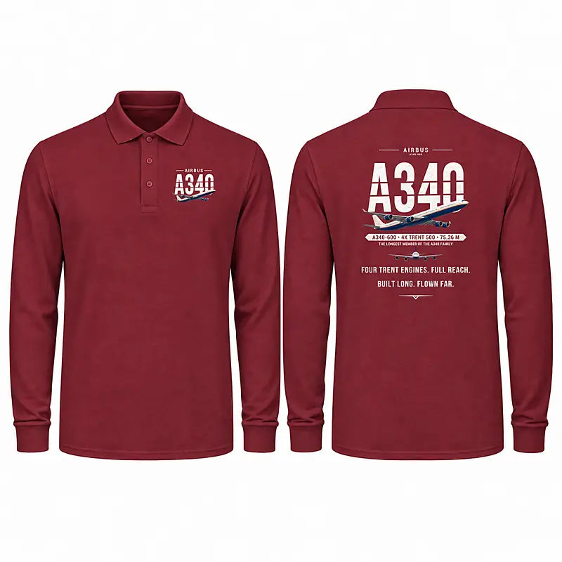Airbus A340-600 Premium Polo T-Shirts - Original - Long Sleeve - Dark Red