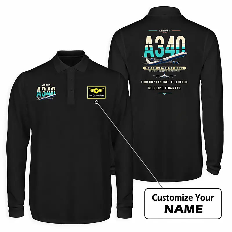 Airbus A340-600 Premium Polo T-Shirts - Original + Name - Long Sleeve - Black