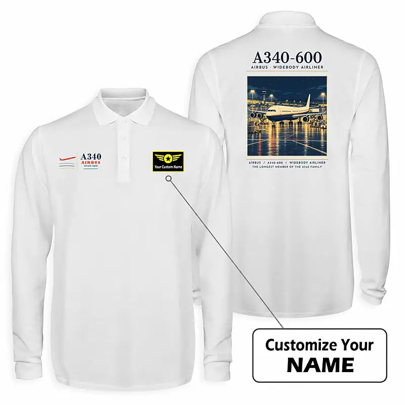 Airbus A340-600 Premium Polo T-Shirts - Poster + Name - Long Sleeve - White