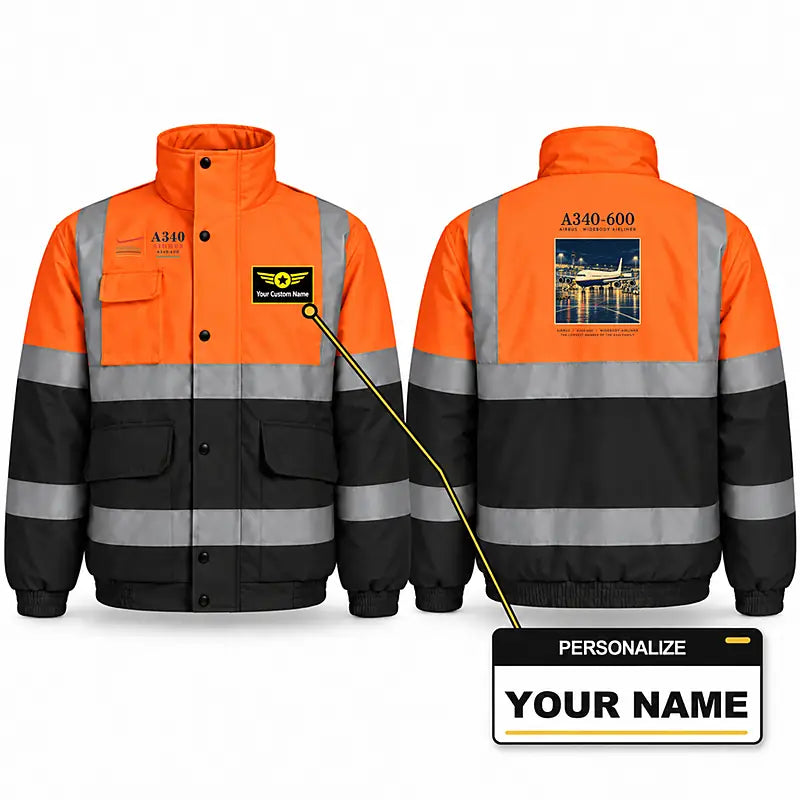 Airbus A340-600 Reflective Winter Jackets - Poster + Name - Orange & Navy