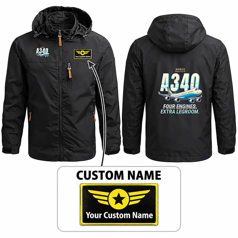 Airbus A340-600 Stylish Jackets - Hooded Windbreaker - Cartoon + Name - Black