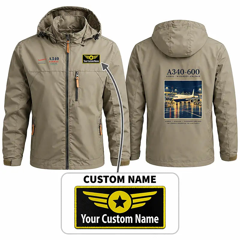 Airbus A340-600 Stylish Jackets - Hooded Windbreaker - Poster + Name - Khaki