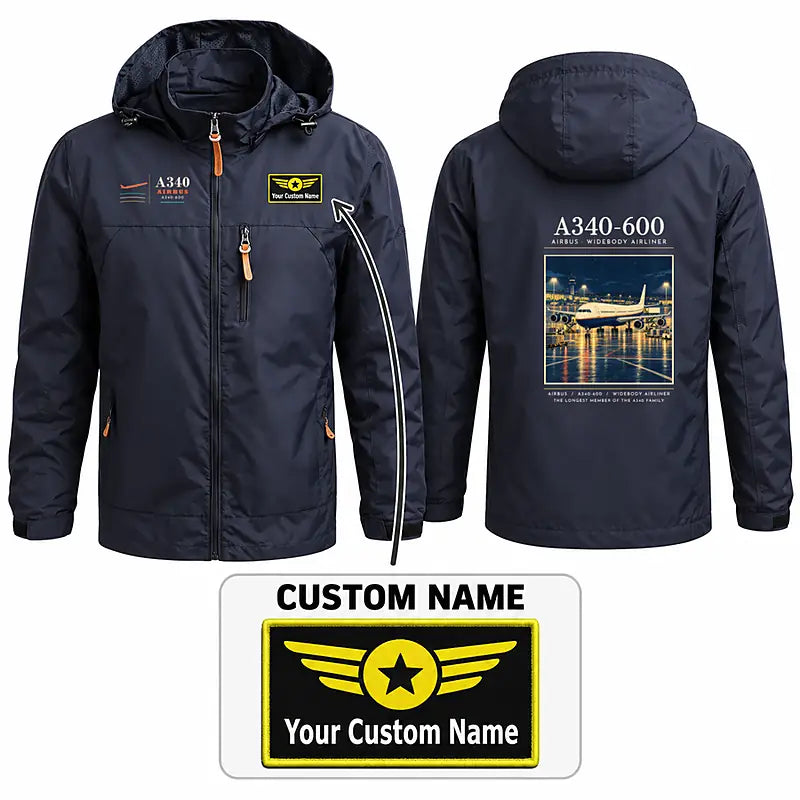 Airbus A340-600 Stylish Jackets - Hooded Windbreaker - Poster + Name - Navy Blue