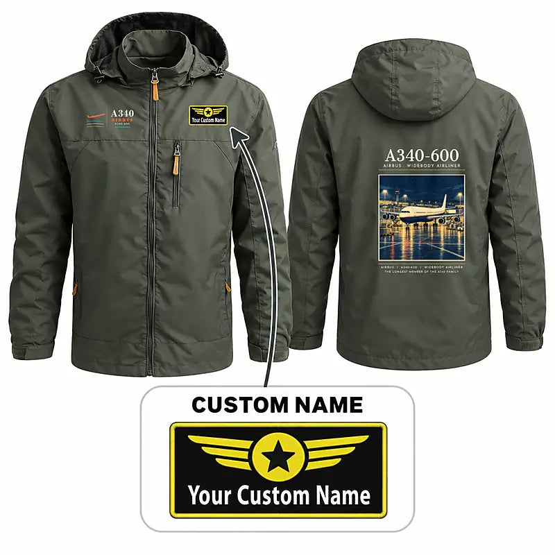 Airbus A340-600 Stylish Jackets - Hooded Windbreaker - Poster + Name - Olive Green