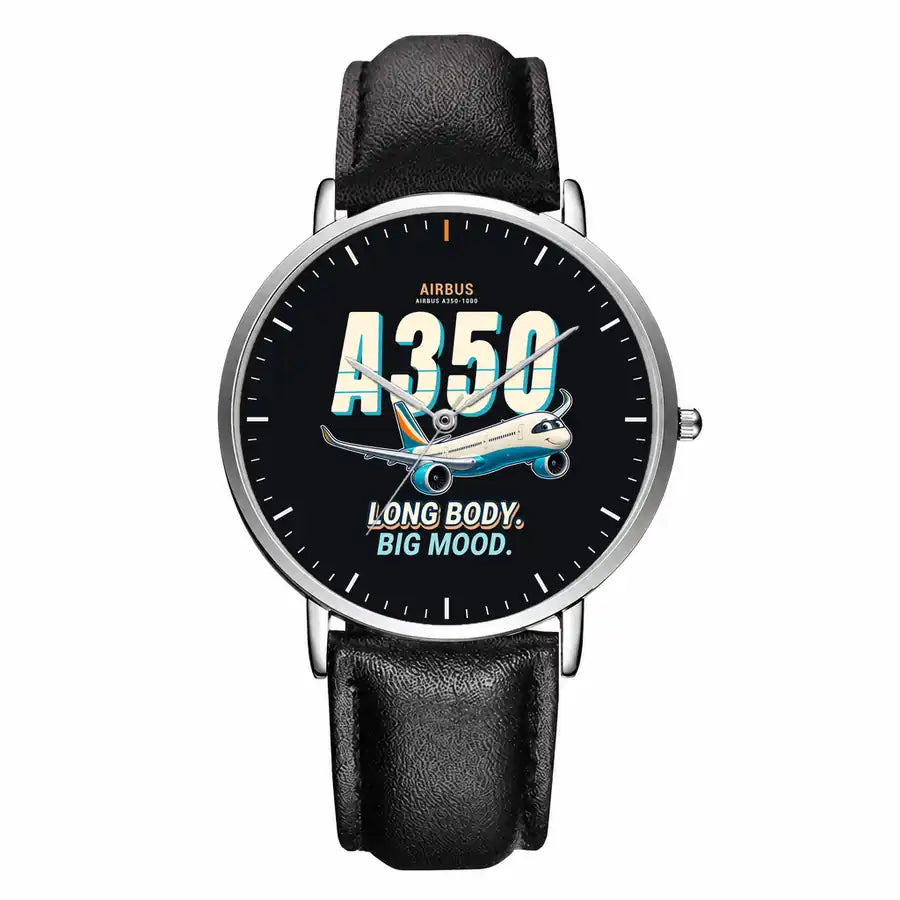 Airbus A350-1000 - Cartoon - Slim Leather - Silver and Black Leather Strap