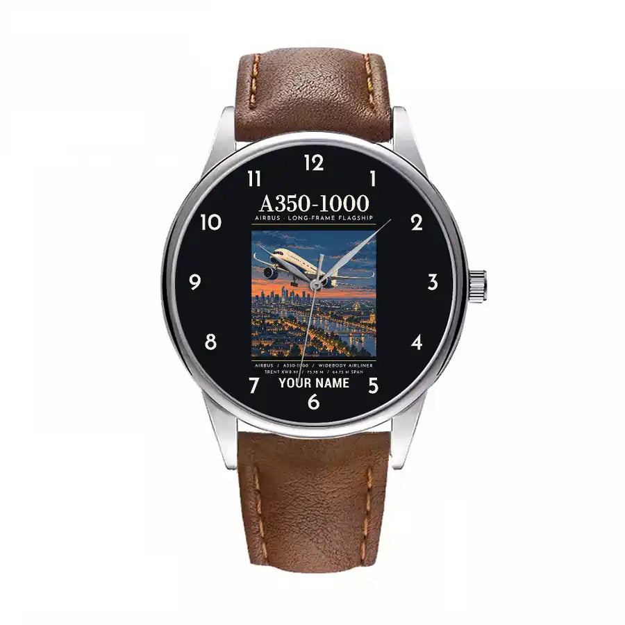 Airbus A350-1000 - Poster + Name - Leather Strap - Brown Leather Strap