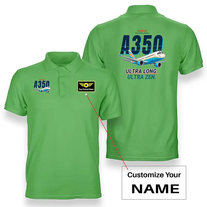 Airbus A350-1000ULR - Cartoon - Double-Side Polo - Light Green + Name